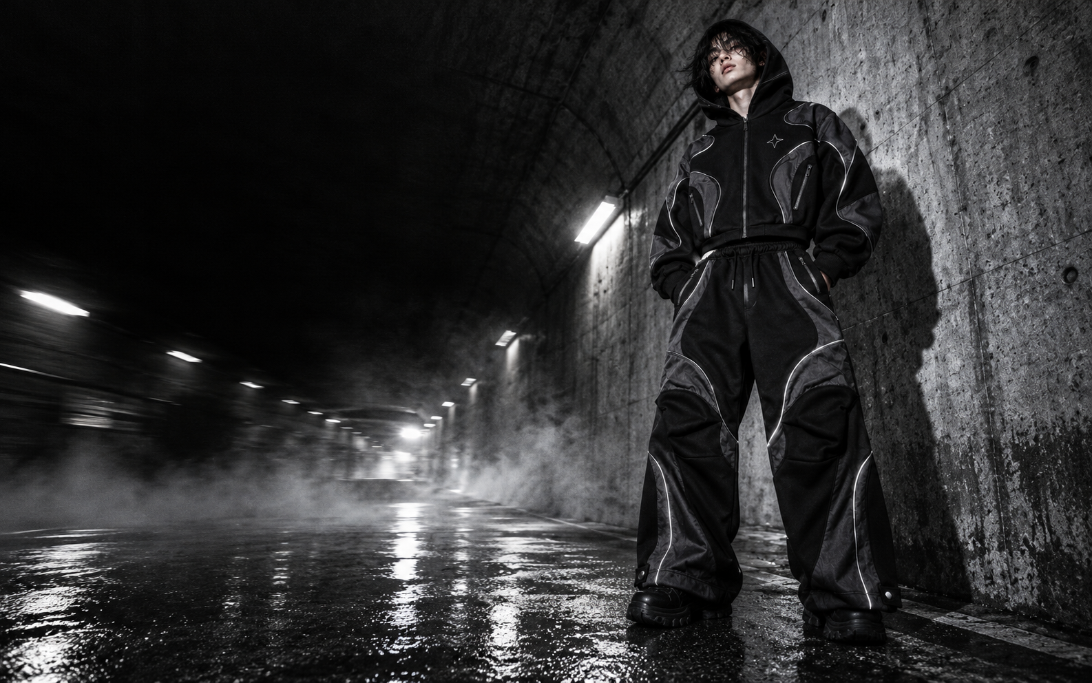 Modèle portant le tracksuit noir UNRULED dans un décor urbain